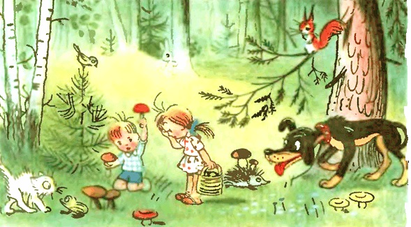 Дети в лесу нашли грибы, а Чапка нашла ежика