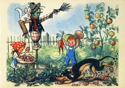 Дети убирают овощи на огороде