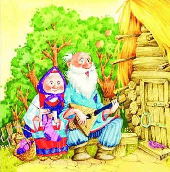 Иллюстрация к народным сказкам. Дед и баба сидят на завалинке