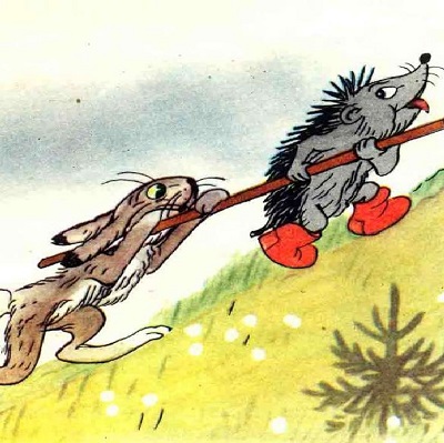 Ежик с помощью палки тянет зайчишку в гору