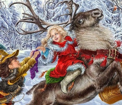 Сказка Снежная королева - Герда уезжает от разбойников на северном олене